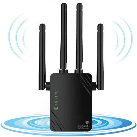 répéteur WiFi, Double Bande 2.4G / 5G 1200Mbps repeteur WiFi, amplificateur WiFi ,Couvrant jusqu'à 10 000 Pieds carrés, 2 Ports LAN pour la Maison et Le Bureau, Facile à Utiliser, Noir (1/4)