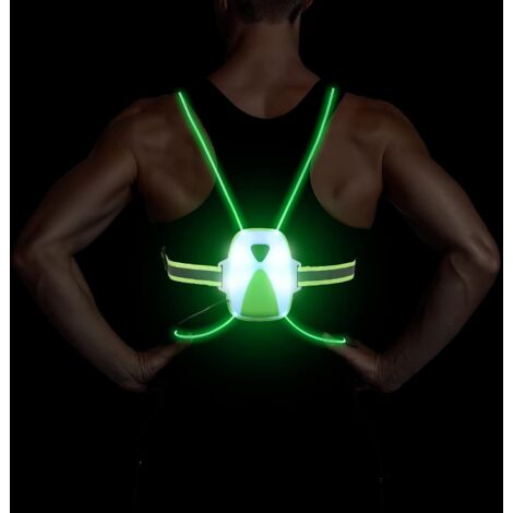 Lampe Course à Pied, Gilet Réfléchissant Running avec Éclairage LED Réglable, Lampe de Poitrine Rechargeable avec Gilet de Sécurité Convient aux Runnings Nuit,Vert (1/5)