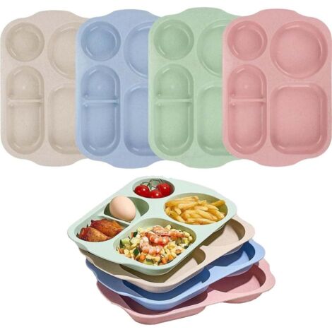 4pcs Assiettes 5 Compartiments Enfants Adultes sans BPAPlastique Reutilisable Plateau Repas Passe au Micro-ondes et ASSIETTE