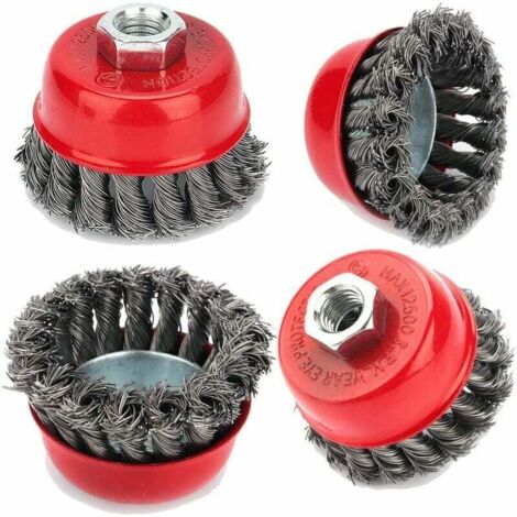 Brosse de nettoyage métallique, 4pcs brosse à treillis métallique M14 torsadé 75 mm pour meuleuse d'angle brosse coupe, dérouillage corrosion détournant la peinture (1/5)