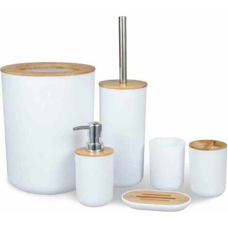Set Accessoires Salle De Bain, 6 Pièces Accessoire Pour Salle En Bambou Avec Distributeur Savon, Porte Brosse À Dents, Brosse Toilettes Wc, Porte Savon, Poubelle(40L) Et Gobelet Brosse À Dent