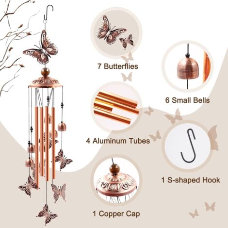 Carillon éolien d'extérieur en liquidation, carillon éolien papillons en tube d'aluminium avec crochet en S, décoration de jardin et de terrasse, cadeau de pendaison de crémaillère. (1/3)