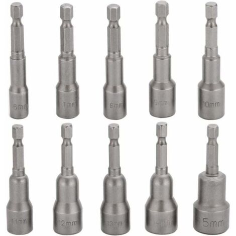 10 Pcs Embout Douille Visseuse à Choc 6-15mm Set Magnétique Hexagonale Douille Jeu de Embout Aimanté Perceuse Prise Hexagonale douille Set 1/4 Pouce pour Mandrin à Changement Rapide (1/4)