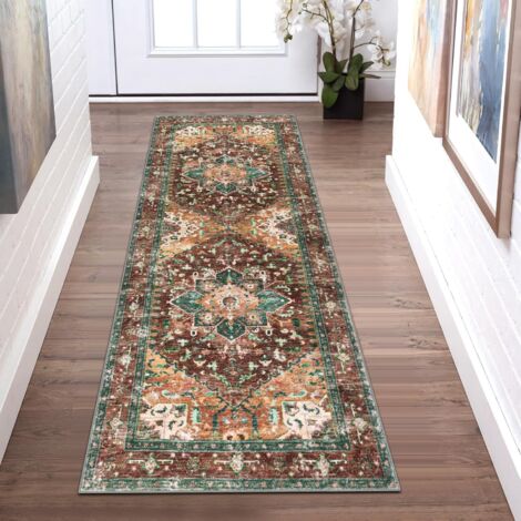 Tapis de couloir lavable, 60×180cm, style bohème rétro antidérapant, envers en caoutchouc, finition vieillie résistante aux taches, convient aux chambres, cuisines, buanderies et entrées. (1/4)