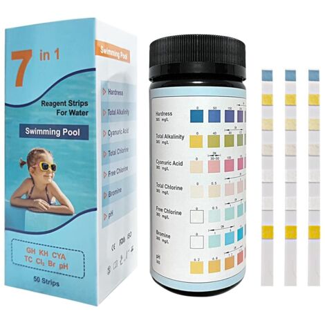 7 en 1 Bandelettes Test Piscine, 50 Testeur PH Chlore Piscine pour Tester avec précision la dureté, l'alcalinité Totale, l'acide cyanurique, Le Chlore Total, Le Chlore Libre, Le Brome et Le pH (1/4)