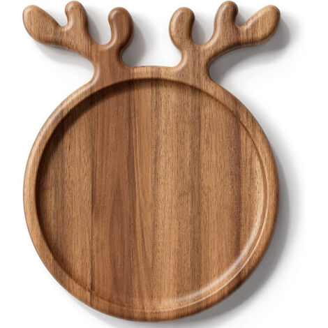 Assiette de Noël en bois d'acacia avec poignée en bois de cerf, plat rond en bois de 20 x 25 cm, planche décorative, idéale pour le fromage, le pain, les décorations de Noël, les pendaisons de crémail (1/4)