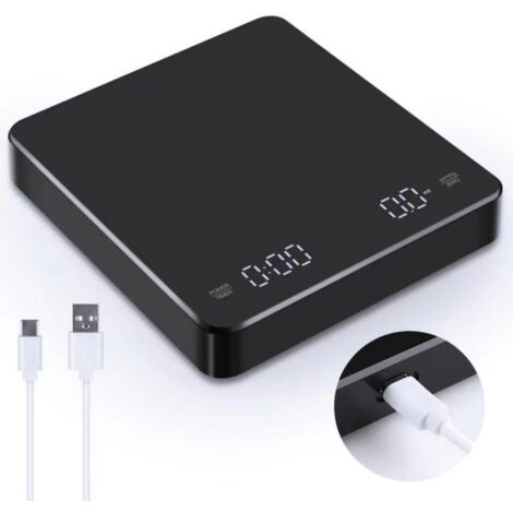 Balance de cuisine numérique avec minuteur, précision 3 kg/0,1 g, rechargeable, idéale pour le café filtre et le café à la verse, avec fonction tare et affichage LED.