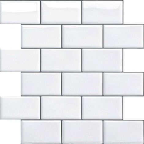 Credence Adhésif pour Cuisine Salle de Bain, Faux Carrelage Adhésif Mur Blanc Credence Cuisine Adhésif, Imperméable Metro 3D Carrelage PVC Adhésif Mural, 4 Pièces (Blanc, 4 Feuilles) (1/4)