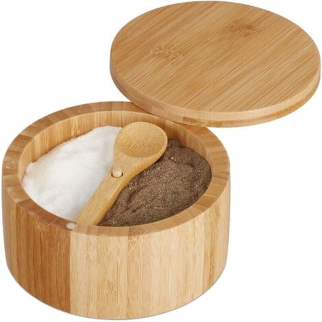 Pot à sel avec couvercle et cuillère, salière en bambou à 2 compartiments, fermeture magnétique, pour épices, 6,5 x 12,5 cm, naturel (1/4)