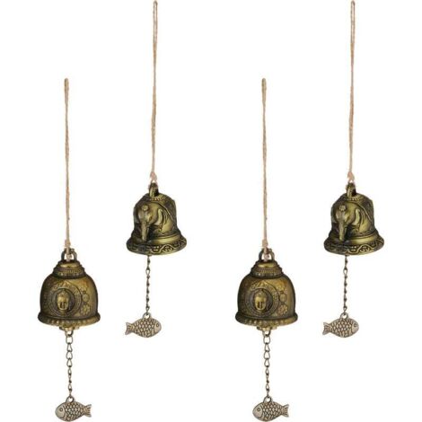 Carillon à vent, lot de 4, style Feng Shui, motifs bouddhistes, son relaxant, jardin, métal, doré (1/4)