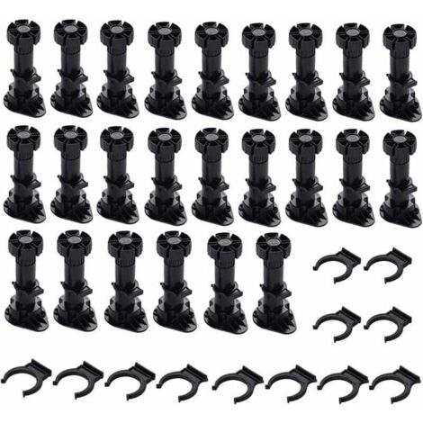 24 Pièces Pieds D'Armoire Plastique,Pied de Meuble,Pied Réglable pour Meuble,Noir Pieds de Meuble Plastique avec Clip Fixation Base pour Meubles de Cuisine,Armoire et Canapé (150mm-180mm) (1/4)
