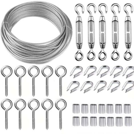 Corde en Acier Inoxydable à Suspendre Kit,30M/2mm Câble en Acier Inoxydable Revêtu avec M5 Tendeurs de Fil,Kit Cable Metallique 2mm pour Plantes Grimpante,Outdoor Suspension,Corde a linge (1/4)