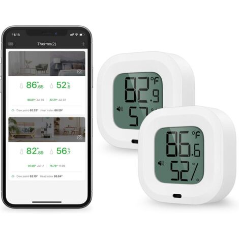 2 Pièces Thermomètre Hygromètre Bluetooth, Capteur de Température D'humidité avec Exportation de Données pour iOS Android, D'alarme, pour Maison, Étui à Guitare, Cave à Cigare, Cadeau Noel