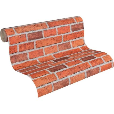Papier Peint Décor Pierre Brique en PVC - 0.4510 m - Rouge brunâtre - pour un café, un salon, une chambre (1/4)