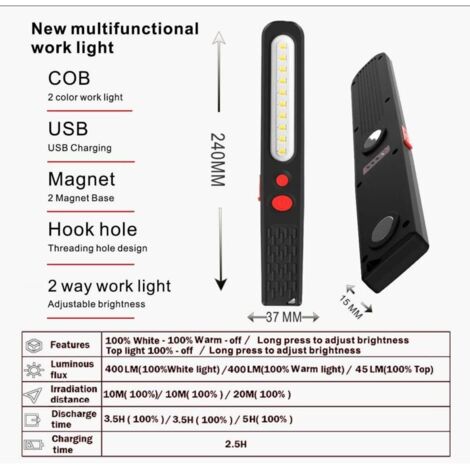 Lampe de Travail LED Rechargeable avec Aimantée et USB, Lampe Inspection LED Rechargeable, Lampe