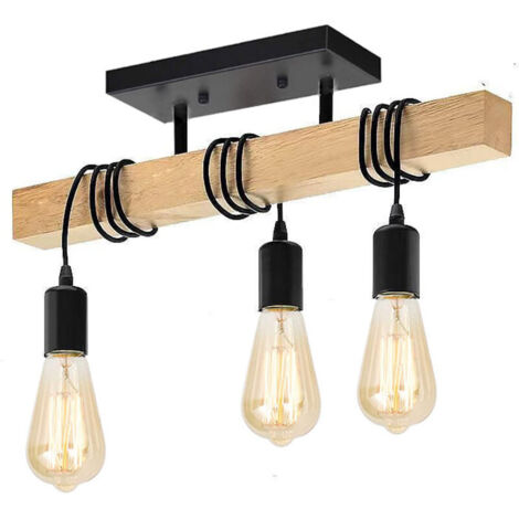 Eclairage de Plafond Rétro Bois et Métal - Lustre Plafonnier E27 - 3 Ampoules Non Incluses [Classe énergétique E] (1/3)