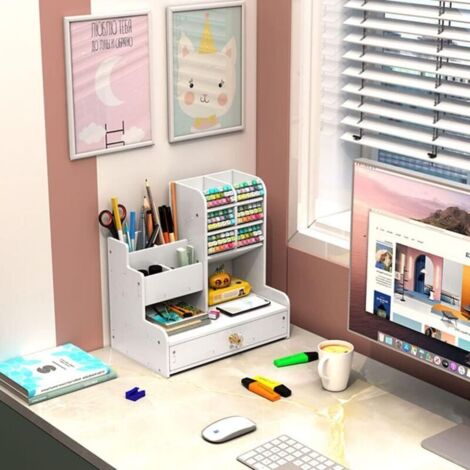 Organiseur De Bureau Avec Tiroirs - Porte-stylos Multifonctionnel Pour Rangement Pinceaux Maquillage, Papeterie | Design Blanc Moderne 14,5x13,5x21,5 Cm