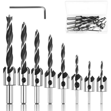 Foret Bois avec Fraise,8 Pcs Fraise Bois Conique en HSS Acier Forets à bois à Haute Vitesse Avec Clé Hexagonale Aésoir Chanfreinage Outil 3 4 5 6 7 8 10mm (1/4)
