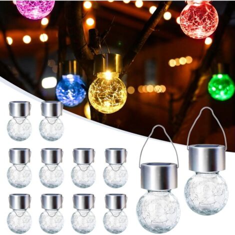 lampes solaires d'extérieur à suspendre - Lot de 12 - 0.1W - 60x60x90 mm - pour décoration de Noël - verre craquelé - couleur (1/4)