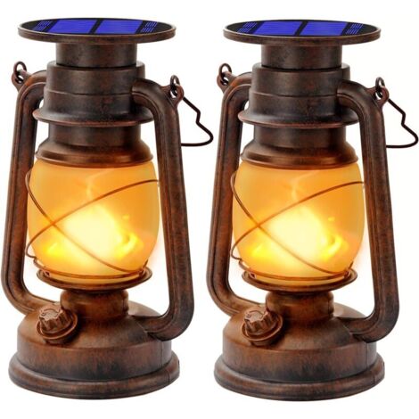 Lanternes Solaires Extérieur Lanterne tempête LED De Lanterne avec Effet de Flammes Lampe-tempête Décorative à LED Design Rétro étanche Pour Jardin,Chemins,Paysage (2pack) [Classe énergétique A (1/4)
