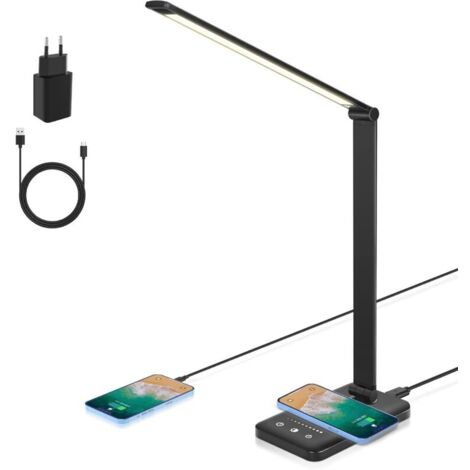 Lampe de Bureau LED, Lampe de Table Dimmable Charge sans fil 7.5 W et Port de Charge USB Lampe de Lecture Pour la Protection des Yeux, 5 Niveaux de Luminosité, 5 Couleurs Lampe [Classe énergéti