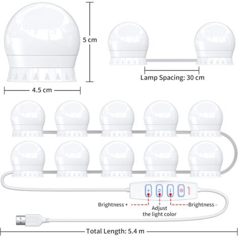 Lumière LED Miroir Maquillage – Kit 10 Ampoules USB Dimmer 3 Couleurs, Idéal Pour Coiffeuse Et Salle De Bain