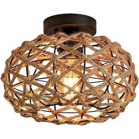 Plafonnier industriel vintage E27, lampe rétro de 25 cm de diamètre, abat-jour cage en métal et corde en chanvre, luminaire idéal pour salon, chambre, cuisine ou loft [Classe énergétique A+] (1/4)