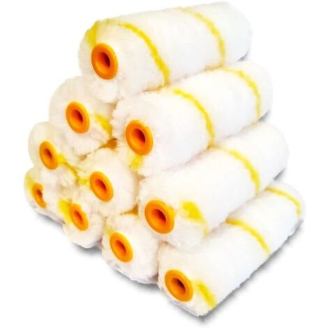 Pack 10 Manchons Mini Rouleaux Pattes de Lapin rayées Jaune Polyamide 11 cm Peinture plinthes radiateurs surfaces lisses ou semi-lisses. Décoration murale plafond