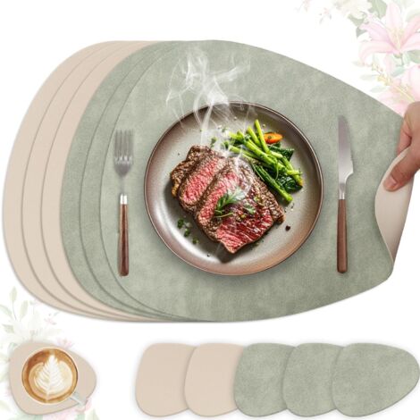 Set de Table Lavable et Antidérapant en Cuir PU Double Face Lot de 6 Oval 41 x 33 cm Vert Clair et Beige pour Cuisine et Cadeau (1/4)