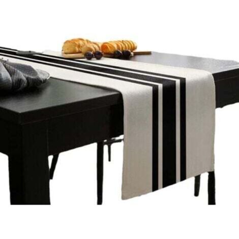 Chemins de table en jute estivale 33 x 180 cm – rayures géométriques noir et blanc – idéal mariage, fête en extérieur, décoration été/automne (1/4)
