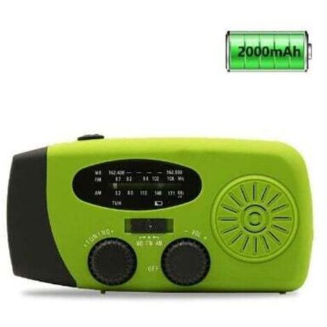 Radio d'urgence solaire et manivelle avec lampe LED, chargeur portable 2000 mAh, réception AM/FM/Météo, vert (1/4)