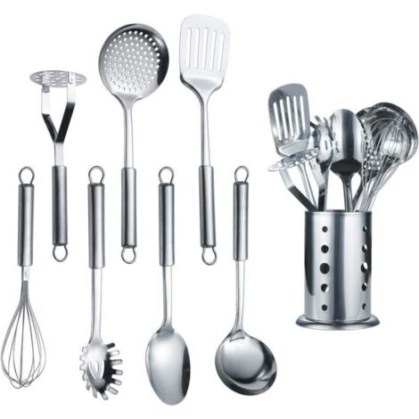 Ustensile de Cuisine en Acier Inoxydable avec Support – Cuillère et 8 Pièces d’Accessoires Pratiques pour Cuisiner au Quotidien (1/4)