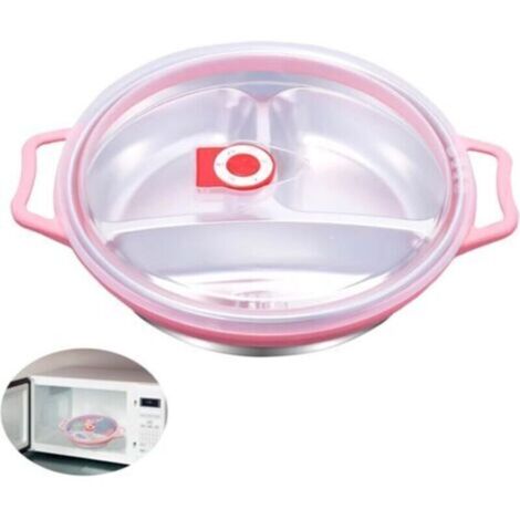 Plat Micro-ondes en Acier Inoxydable 1300 ml avec Couvercle Ventilé, 3 Compartiments, Sans BPA, pour Congélation et Réchauffage, Rose, 22 x 5 cm