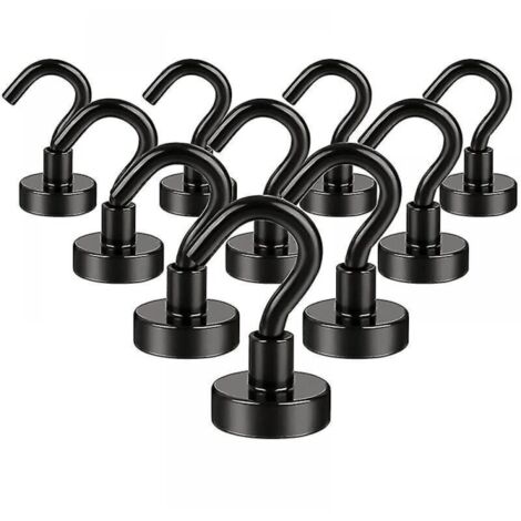 10 Crochets Magnétiques Noirs Puissants en Néodyme – Diamètre 16 mm – Fixation Murale Sans Perçage pour Objets Lourds