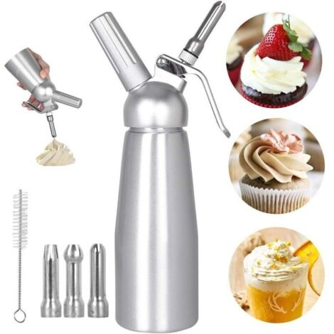 Siphon à Chantilly Professionnel 500 ml en Aluminium avec 3 Douilles en Acier Inoxydable pour Crèmes, Mousses et Préparations Fouettées (1/4)