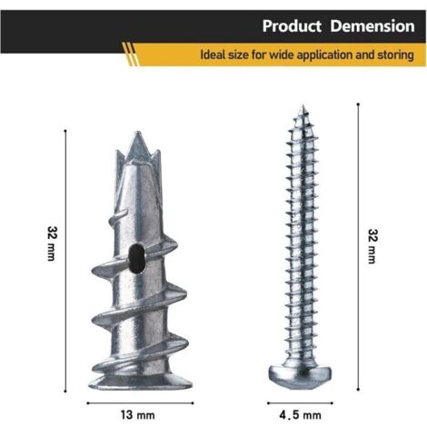Chevilles Autoperceuses en Métal pour Placo, Boîte de 50 Pièces avec Vis – Fixation Rapide dans Béton, Brique et Parpaing (1/3)