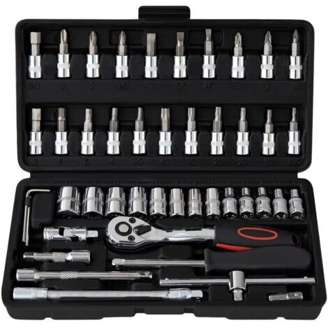 Kit de 46 pièces en acier chromé-vanadium : clés à cliquet 1/4″ 72 dents, clés plates et à douille, avec boîte de rangement (1/4)