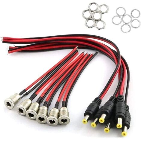 Kit d’Adaptateurs DC 5,5 x 2,1 mm – 6 Fiches Creuses avec Câble + 6 Prises Jack pour Alimentation Audio, Vidéo, Caméras et Smartphones