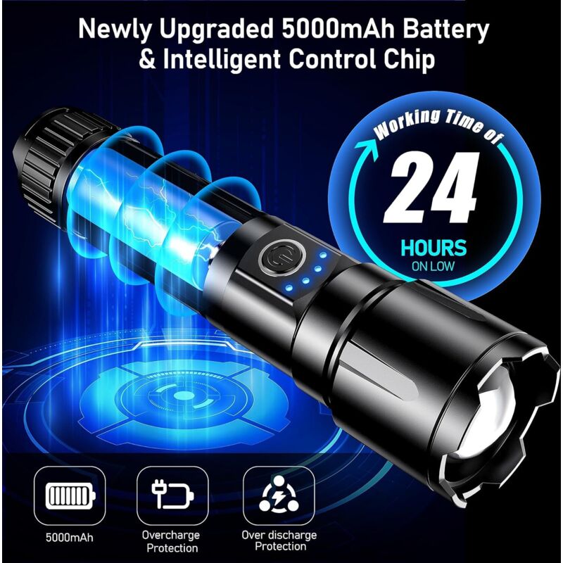 Lampe Torche LED Blukar Ultra Puissante - Rechargeable 5000mAh - Zoom 5 Modes IP67