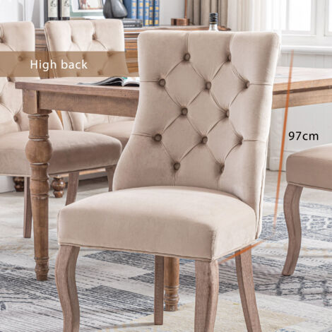 Chaise à 4 pieds, chaise de salle à manger en velours beige , dossier haut, avec matelassage à boutons, cadre en bois massif, beige (ensemble, 4 pièces) (1/4)