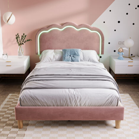 Lit rembourré LED lit simple 90 x 200 cm, cadre de lit avec sommier à lattes et tête de lit réglable, lit rembourré rose, cadre de lit lit d'adolescent pour chambre à coucher, chambre d'amis en velour (1/4)