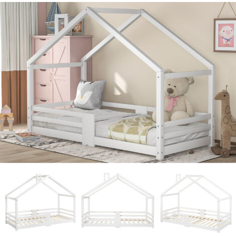 Lit enfant lit cabane avec cheminée protection contre les chutes sommier à lattes robuste, lit cabane en bois de pin pour enfants 90 x 200 cm sans matelas blanc