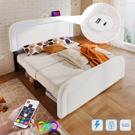 Lit Cadre Rembourré 140x200 Cm Avec 4 Tiroirs Et Tête De Lit équipée (prises, USB, LED) - Beige, Sans Matelas