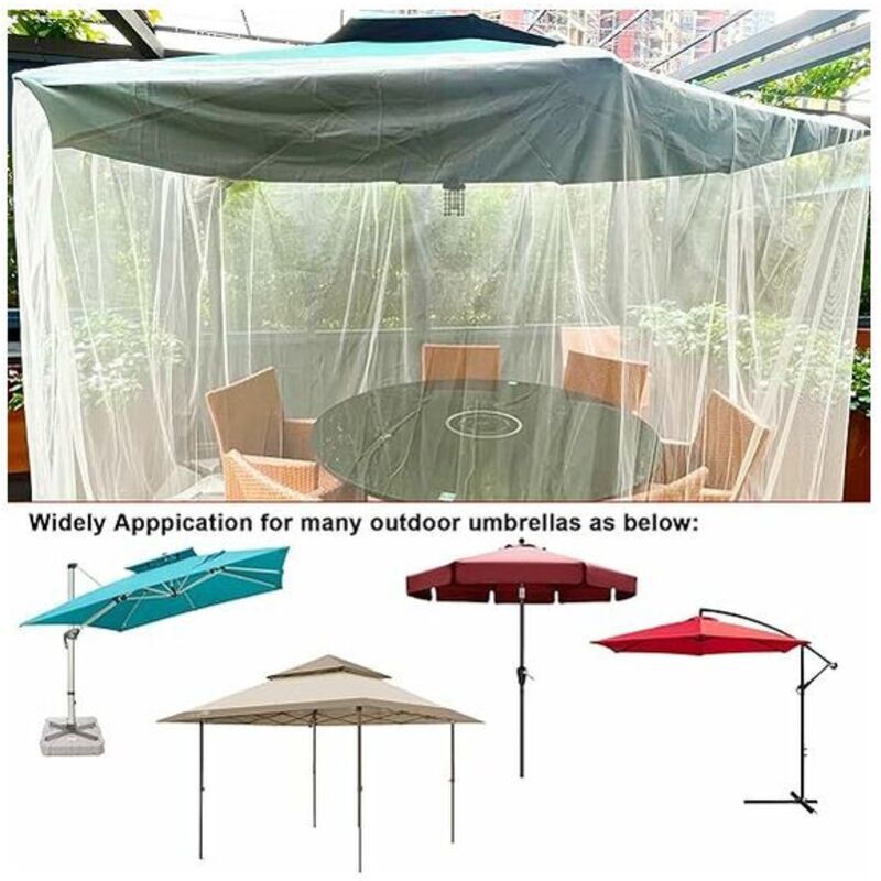 MISNODE Moustiquaire Pour Parasol De Terrasse, Extérieur De 2,9 M, Moustiquaire Avec Porte à Fermeture éclair Et Filet En Polyester Réglable à Suspendre Pour Parapluie D'extérieur (blanc), Blanc