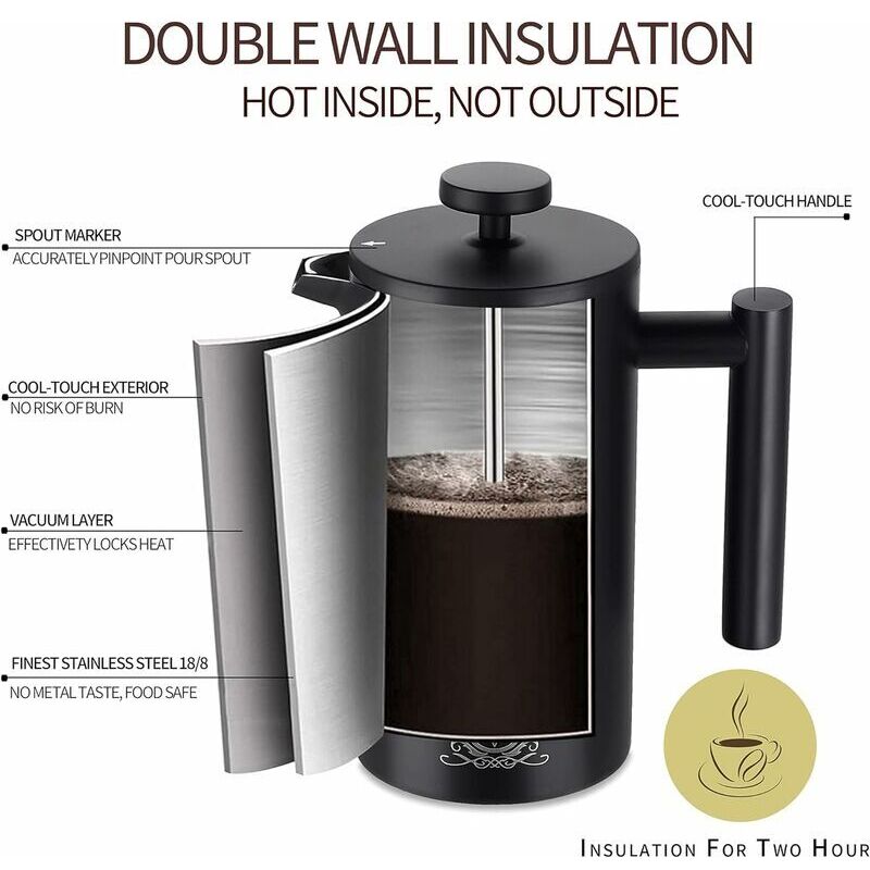 Cafetière à Piston Andrew James En Acier Inoxydable – Capacité 350 Ml, Double Paroi Isotherme, Avec Cuillère Doseuse