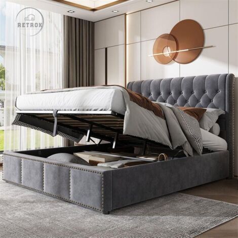 Lit coffre rembourré gris - lit en velours avec levier hydraulique - lit de rangement avec tête de lit, sommier à lattes sans matelas - 160 x 200 cm (1/5)