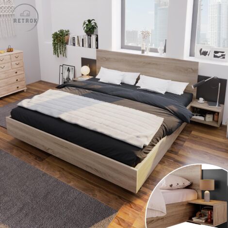 Lit double 160x200 cm bois massif avec deux tiroirs et chevet rangements 2 personnes,naturelle