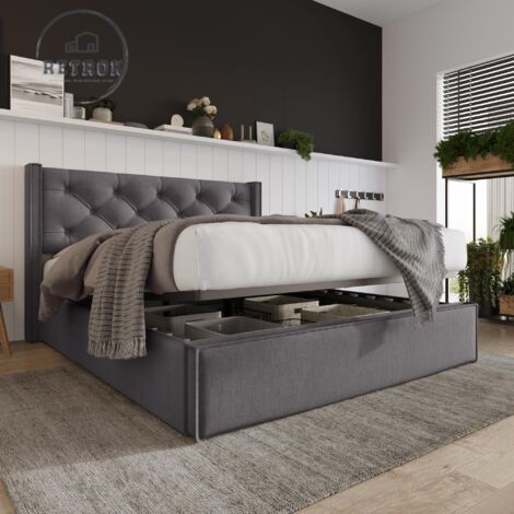 Lit double hydraulique lit rembourré 140x200cm, lit avec sommier à lattes en métal, cadre de lit moderne avec espace de rangement, coton, gris Type A (1/5)