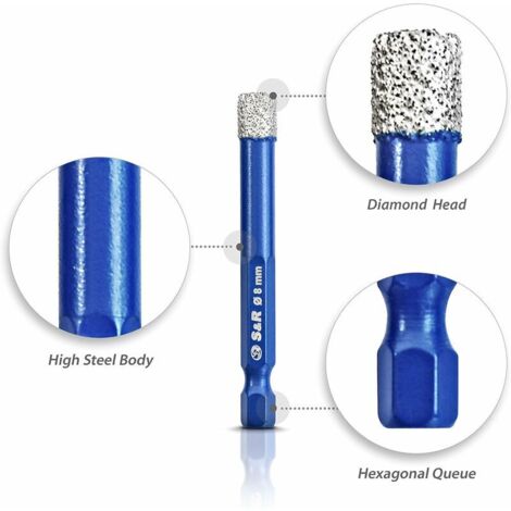 Kit 8 Forets Diamant Pour Carrelage - 5/6/8/10/12/14 Mm + 2 Mèches Carbure 6 Mm, Pour Porcelaine, Céramique, Granit