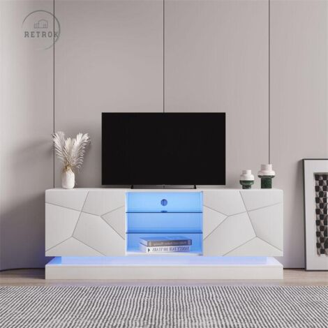 Meuble TV blanc brillant 160x38.5x60cm – Étagère en verre réglable – Capacité jusqu'à 70 pouces – Rangement élégant avec gestion des câbles (1/5)